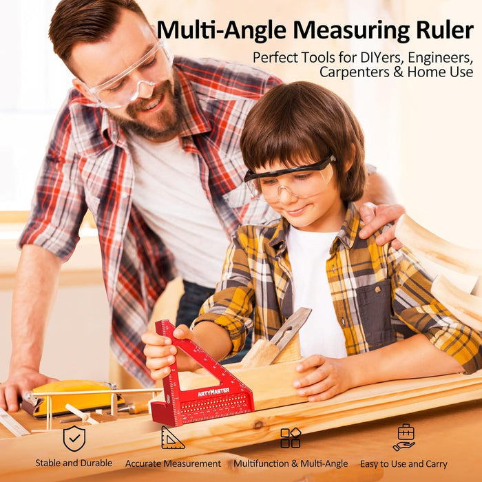3.8＂Mini 3D Multi-Angle Measuring Square Ruler, WT102A High Precision Hole Scribing Woodworking Tools, 0-90° Aluminum Al