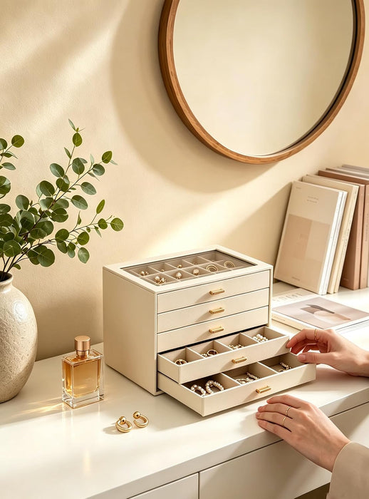 Earring Organizer, Jewelry Box with Clear Lid -Beige, 5 Layer