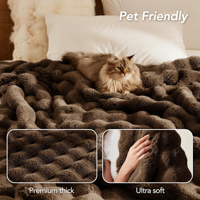 Faux Rabbit Fur Throw Blanket for Couch, 50'' x 60'', Cocoa Brown