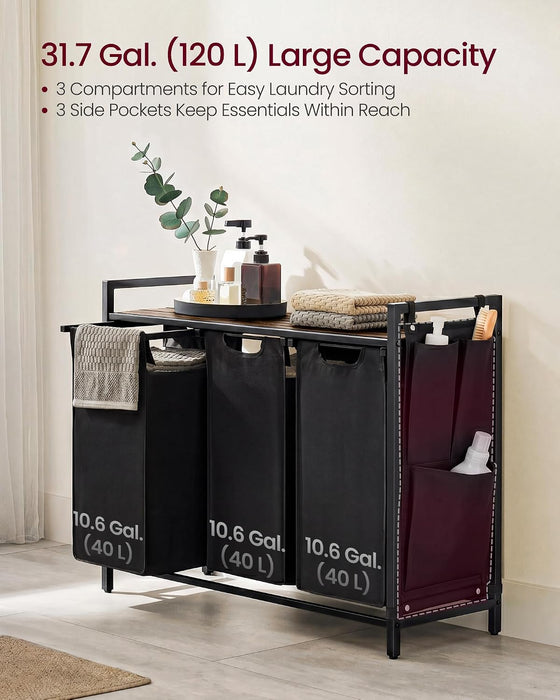 Laundry Hamper with Shelf, 3 Pull-Out Bags, 3 x 10.6 Gallons (40 L)
