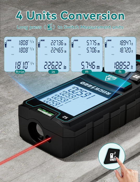 Laser Measure, Digital Laser Distance Meter with 2 Bubble Levels,Portable M/in/Ft Unit Switching Backlit LCD and Measuring Distance/Area/Volume/Pythagorean