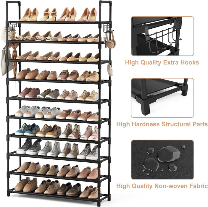 10 Tier Shoe Rack Tall Large Capacity Wide Shoe Organizer with Two Hooks Sturdy Metal Shoe Shelf for Entryway, Closet, B
