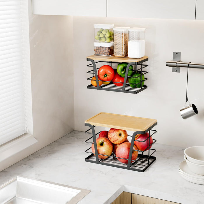 2 Pack Stackable Storage Laundry Kitchen Organizers, Wall Mount Trash Bag Holder with Bamboo Top and Garbage Bag Dispens