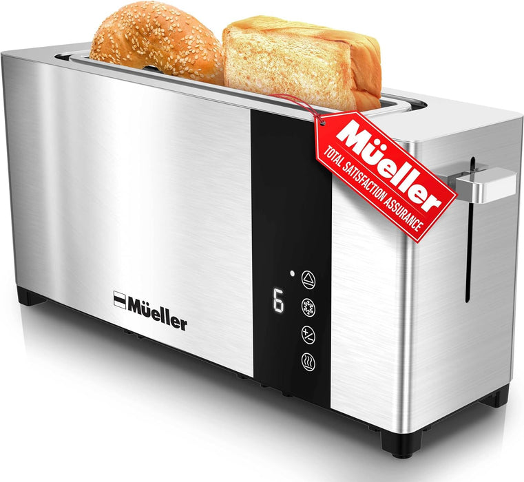 Ultratoast Full Stainless Steel Toaster 4 Slice, Long Extra-Wide Slots for Bagels and Waffles, 6 Browning Levels, LED Display, Cancel/Defrost/Reheat Functions & Removable Tray, Kitchen Gadgets