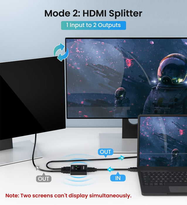 HDMI Switch Splitter 4K@60hz, Aluminum HDMI 2.0 Switcher 2 in 1 Out, HDMI Splitter 1 in 2 Out, Bi-Directional Switch Sup