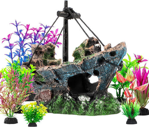 8Pcs Fish Tank Decorations Set Sunken Ship Decoration,Resin Material Fish Tank Accessories Accessories for Natural Look,