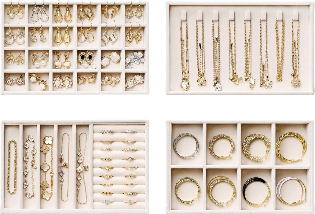 Velvet Jewelry Drawer Organizer Trays – 4-Layer Stackable Jewelry Storage Inserts Set, Beige Jewelry Tray Set for Earrin