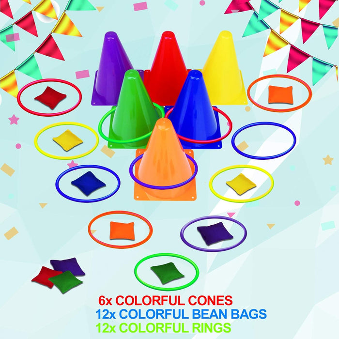 31PCS 3 in 1 Carnival Outdoor Games Combo Set for Kids, Soft Plastic Cones Bean Bags Ring Toss Game, Gift for Birthday P