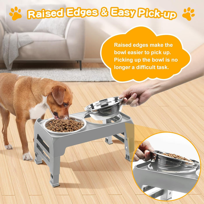 Elevated Dog Bowls for Small Medium Dogs, 3 Height Adjustable Raised Stand with 2 Thick 6" Stainless Steel Food Bowls, Non-Slip Feeder Adjusts to 2.75", 6", 7.5", Grey