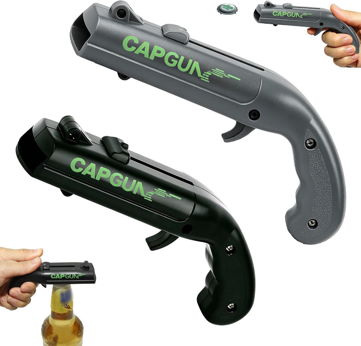 Cap Gun Bottle Opener, 2 Pack Bottle Cap Launcher Shooting Gun, Funny Party Opener for Men, Cool Gadget Present for Him - Black & Gray