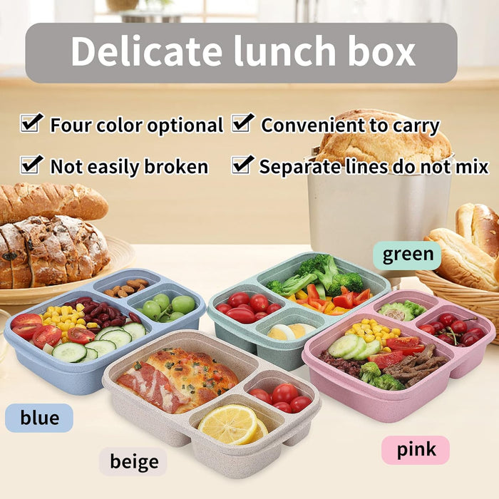 4 Pack Bento Lunch Box Set 3 Compartment Food Storage Containers Wheat Straw Meal Prep Lunch Box Plastic Food Storage Co