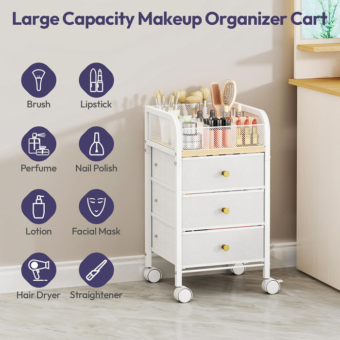 Rolling Makeup Organizer Cart - Under Desk Vanity Makeup Storage with 3 Non-woven Drawers, Nail Cart Organizer Cosmetic Display Cases Cabinet for Skin Care Perfume Nail Polish Brush Hair Tool