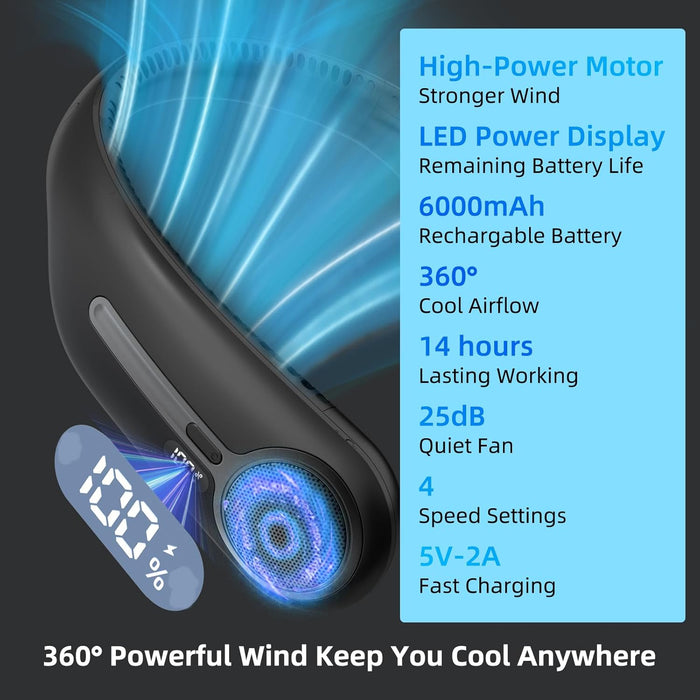 Portable Neck Fan, Personal Wearable Bladeless Fan, 6000mAh USB Rechargeable, 360° Airflow, LED Display, 4-Speeds, Hands