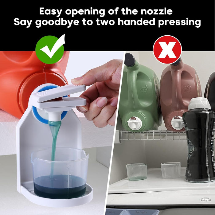 2 Pack Laundry Detergent Dispenser Cup Holder, Nozzle button upgrade，Easily No More runny or Messy Laundry Detergent, Laundry Cup Holder and drip Tray Room Organization and Storage