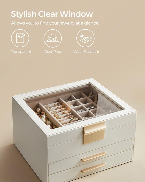 Jewelry Box Organizer, 3-Layer Storage with 2 Drawers, Glass Lid