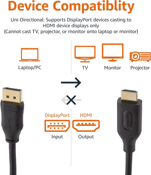 DisplayPort to HDMI Cable, Uni-Directional, 4K@30Hz, 1920x1200, 1080p, Gold-Plated Connectors for Enhanced Picture Quali