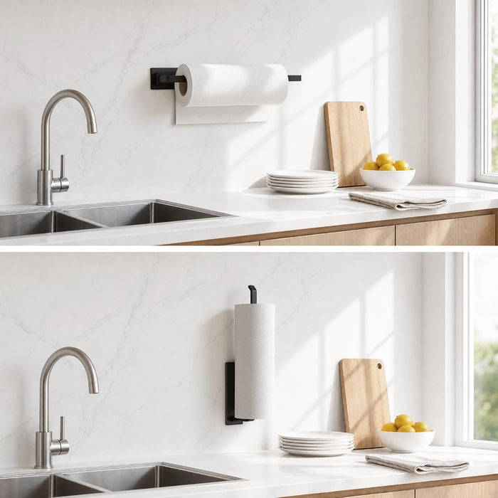 Paper Towel Holder Under Cabinet, Self-Adhesive or Drilling, Matte Black