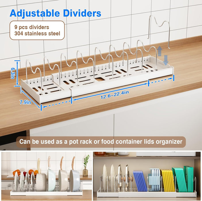 2 Pack Pots and Pans Organizer Under Cabinet, 22" Expandable Food Storage Container Lid Organizers with 9 Adjustable Div