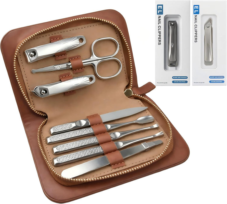 10 in 3 Nail Clippers Set with Brown Leather Manicure Case