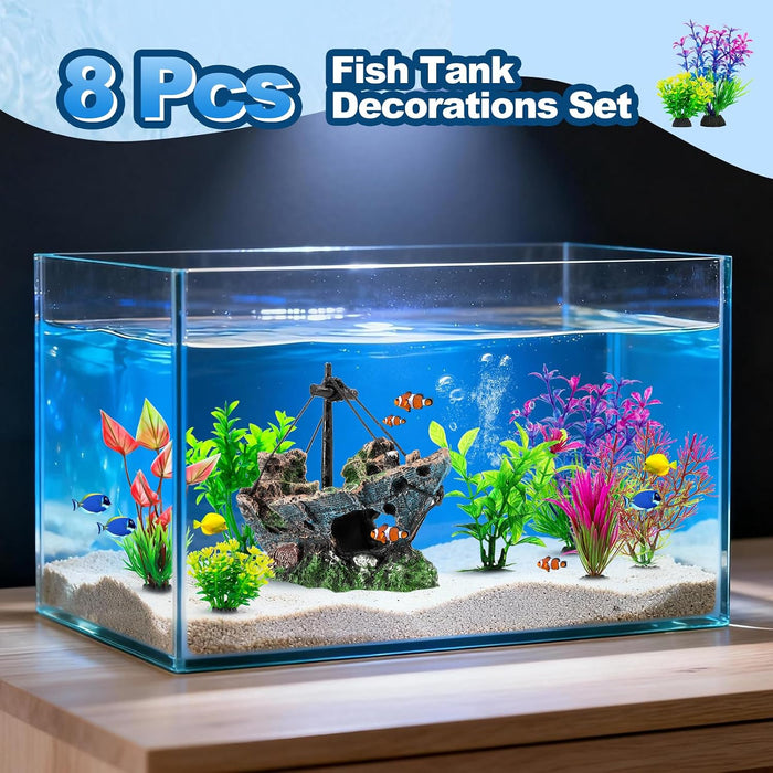 8Pcs Fish Tank Decorations Set Sunken Ship Decoration,Resin Material Fish Tank Accessories Accessories for Natural Look,