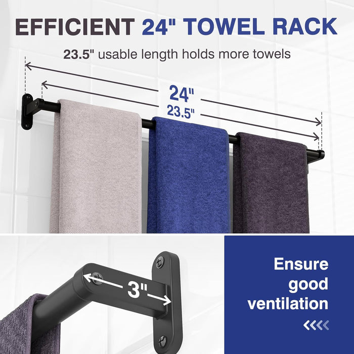 Matte Black 24" Towel Rack, Rustproof Wall Mounted Towel Bar