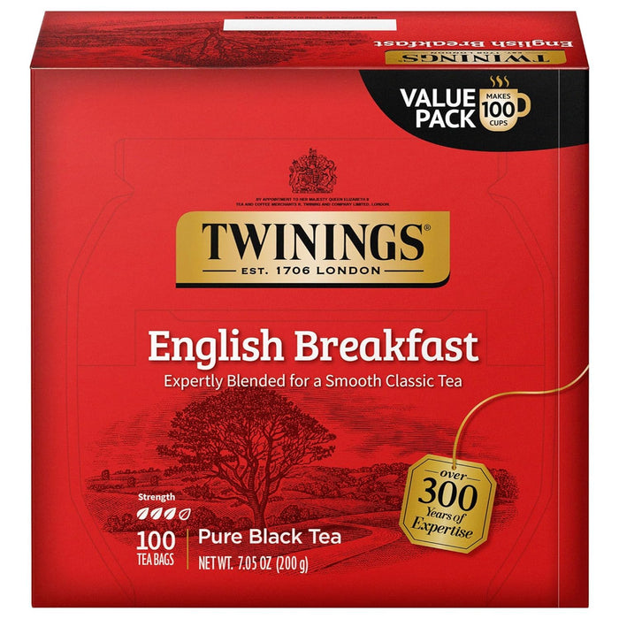 English Breakfast Black Tea Individually Wrapped Bags, 100 Count (Pack of 1), Smooth, Flavourful, and Robust, Caffeinated, Enjoy Hot or Iced, 100 Teabags