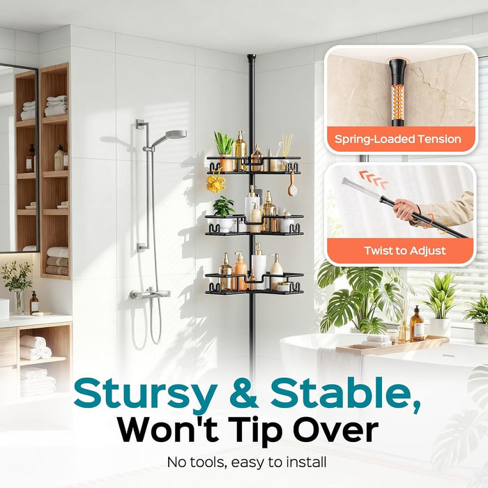 Shower Caddy Tension Pole: 4-Tier Adjustable Corner Organizer Black