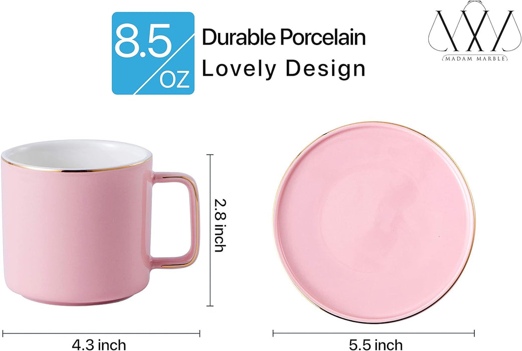 Set of 6 Large 8 (OZ) Americano Cups with Saucer Porcelain Coffee/Tea Cups, Cappuccino/Latte/Espresso/Mocha Cups, Large Coffee/Tea Cups for Specialty Coffee Drinks, (Pink)