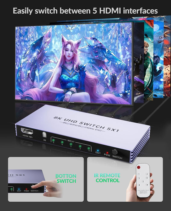 8K@60Hz 4K@240Hz HDMI Switch 5 in 1 Out - HDMI2.1 Switch with Remote HDR10+ HDMI2.1 3D CEC HDR HDCP2.3, Used for PS5/4/3 Xbox DVD Player Nintendo Roku PC Fire Stick Apple TV