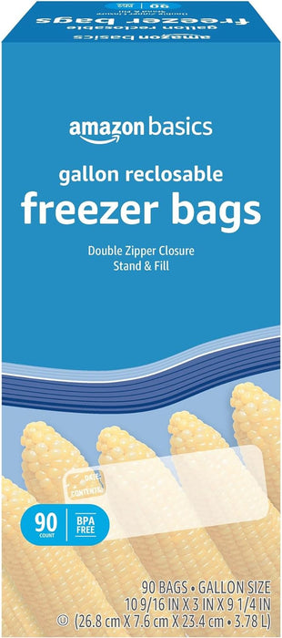 Reclosable Freezer Gallon Size Bags with Double Zipper Seal, Stand-Up Bottom, BPA Free, 90 Count (Previously Solimo)