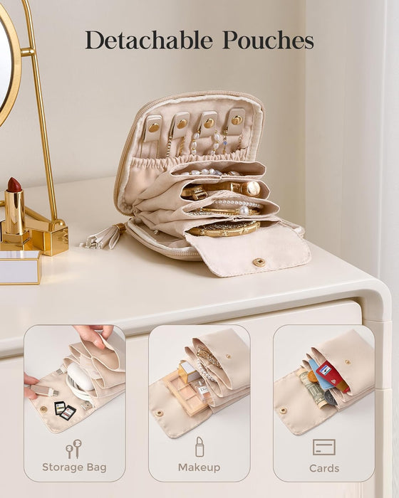 Travel Jewelry Case Organizer, Small Soft Jewellery Pouch -Oatmeal