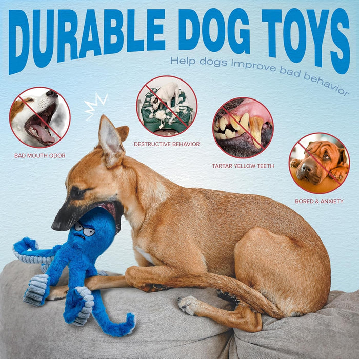 Tough Dog Toys, Stuffed Chew Large Dog Toys to Keep Them Busy, Interactive Squeaky Tug of War Doggie Toy, Crinkle Blue O