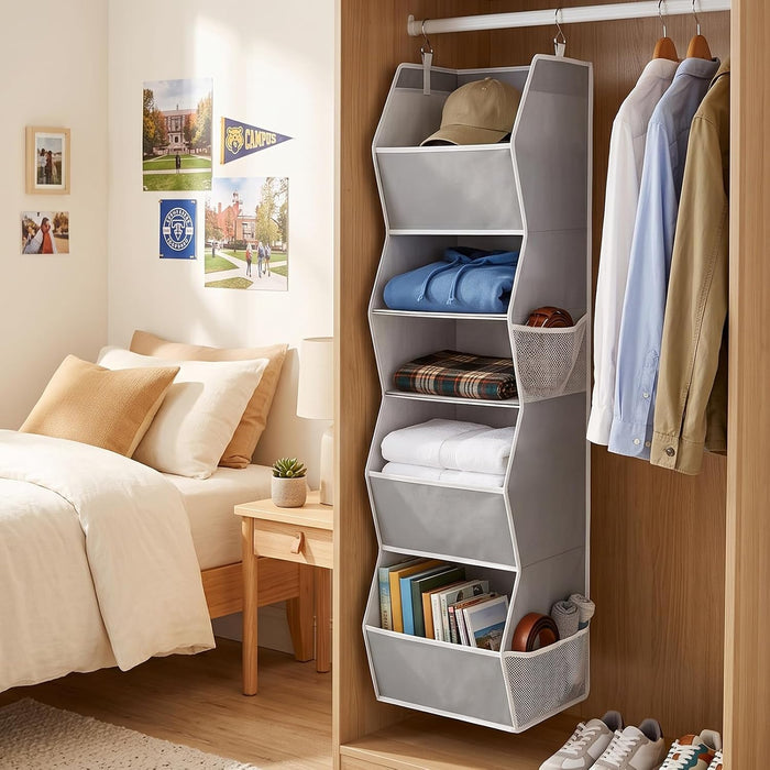Hanging Closet Organizer 5 Shelf with 4 Side Mesh Pockets, Foldable Closet Organizers and Storage Hanging for Wardrobe, Closet Rod & RV Camping, Front Anti-Slip Support, Grey