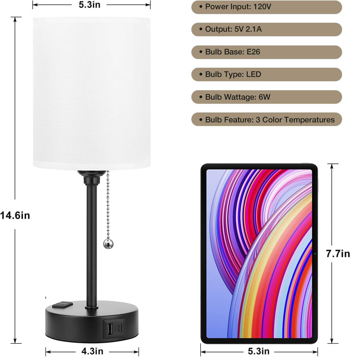 Bedside Table Lamp for Bedroom - Small Desk Lamp with USB Ports