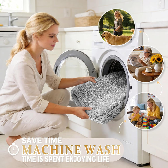 Bathroom Rugs Non Slip Washable, Ultra Soft and Water Absorbent Bath Mats, Fluffy Shower Mat Outside, Plush Matts for Bathroom Floor/Sink, 24X17, Home Decor Accessories, Light Gray and White
