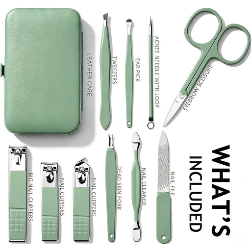 Manicure Set 10 in 1 Stainless Steel, Nail Clippers Scissors Pedicure Tools Kit - Portable Travel Grooming Kit for Men and Women with Leather Case (Jade Green)