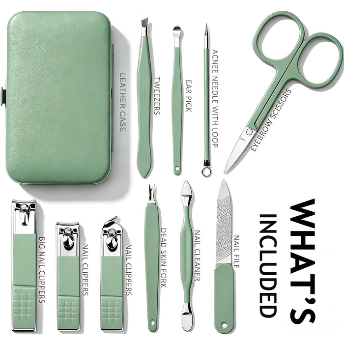 Manicure Set 10 in 1 Stainless Steel, Nail Clippers Scissors Pedicure Tools Kit - Portable Travel Grooming Kit for Men and Women with Leather Case (Jade Green)