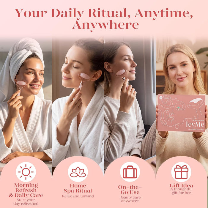 IcyMe Rose Quartz Roller & Gua Sha Facial Tool Set for Depuffing