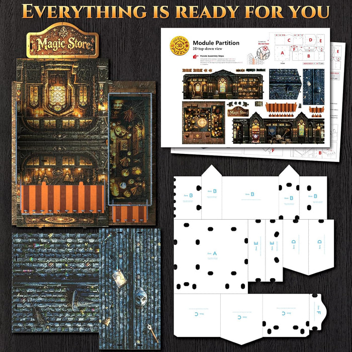 3D Puzzles for Adults,Halloween Magic Store Model Miniature House Kit,3D Paper Puzzle Open-Style Build for Adults Room Home Decor DIY Building House,Halloween Birthday Fun Gifts for Family and Friends