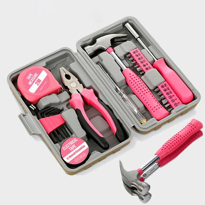 24Pcs Pink Home Repair Tool Kit for Women - Compact Mini Starter Hardware Set with Hammer, Pliers, Screwdrivers - Portab