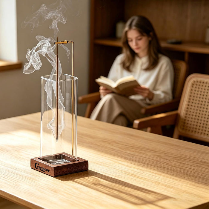 Incense Holder, Wooden Incense Burner with Glass Ash Catcher (Wooden Square)