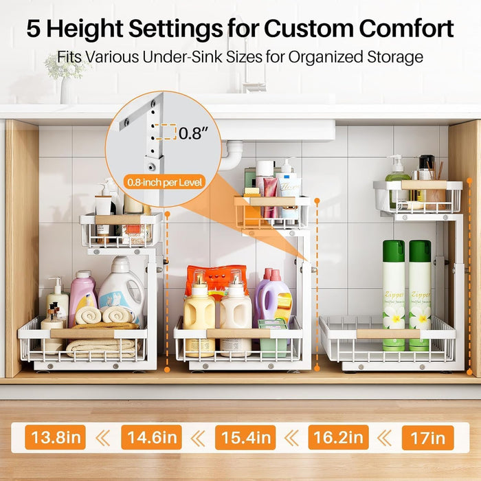 Under Sink Organizer, Adjustable Height, 2 Tier Pull Out Under Cabinet Organizer, Slide Out Thickened Metal Under Sink Storage for Kitchen Bathroom Laundry Pantry Cabinet, White, Large-2-Pack