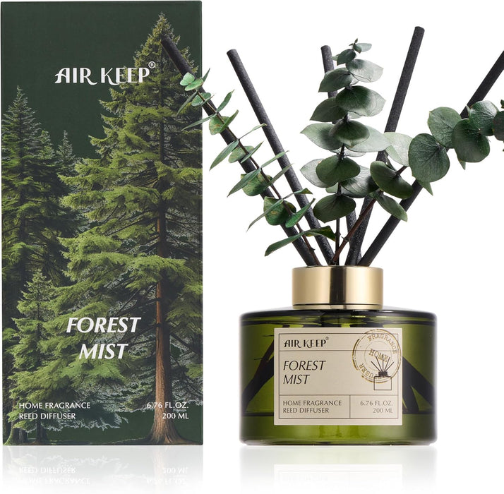 Reed Diffuser Set with 6.76 fl oz Forest Mist Scent Essential Oils and 3 Leaves & 8 Diffuser Sticks,Bathroom Shelf Decor & Air Freshener, House Bedroom Office Decor & Gifts