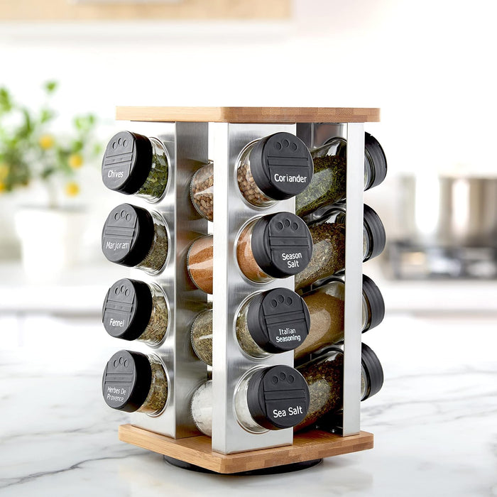 16 Jar Warner Revolving Countertop Spice Rack Organizer with Lift & Pour Caps and Spices Included, FREE Spice Refills for 5 years, Stainless Steel & Bamboo with Black Caps