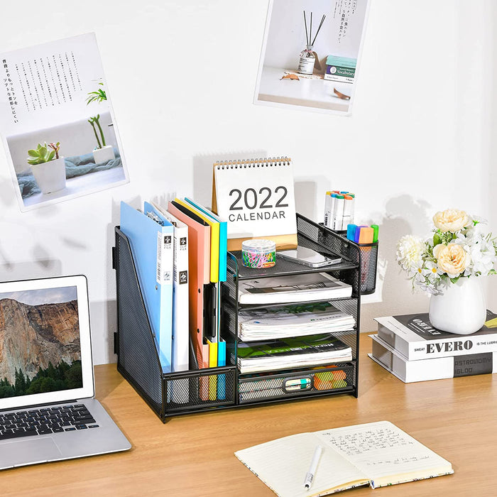 Desk Organizer with File Holder, 5-Tier Paper Letter Tray Organizer with Drawer and 2 Pen Holder, Mesh Desktop Organizer