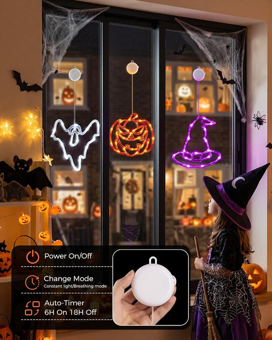 3 Pack Halloween Windows Lights - Pumpkin, Ghost, Hat with Timer