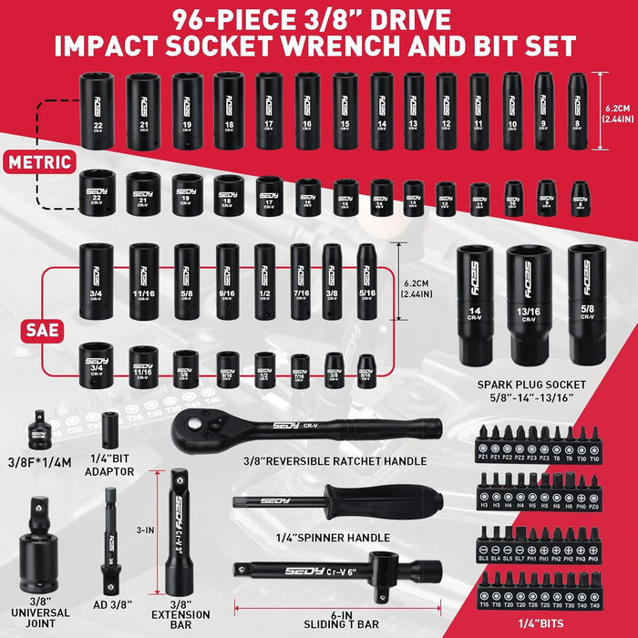 96-Piece 3/8" Drive Impact Socket Wrench and Bit Set, SAE 5/16”-3/4” & Metric 8-22mm, Cr-V Standard & Deep Sockets, Powe