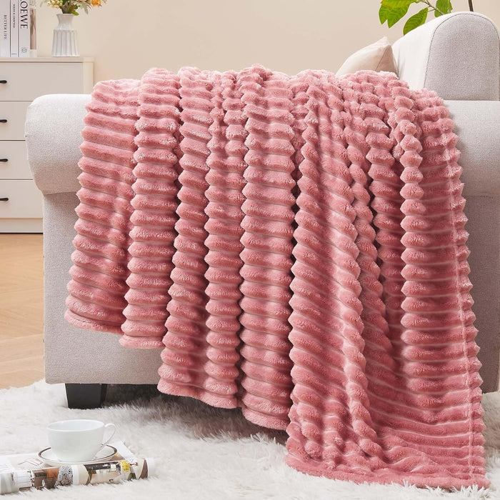 3D Ribbed Jacquard Pink Fleece Throw Blanket for Couch, 50x60 Inch