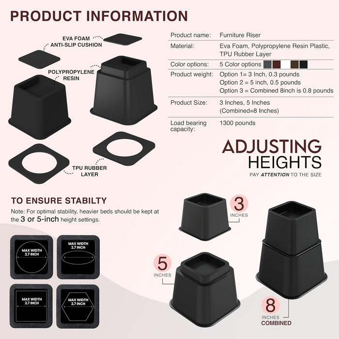 Adjustable Bed Risers 3 & 5 Inch, Black, 4-Pack