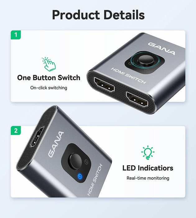 HDMI Switch 4k@60hz Splitter,  Aluminum Bidirectional HDMI Switcher 2 in 1 Out, Manual HDMI Hub Supports HD Compatible with Xbox PS5/4/3 Blu-Ray Player Fire Stick Roku